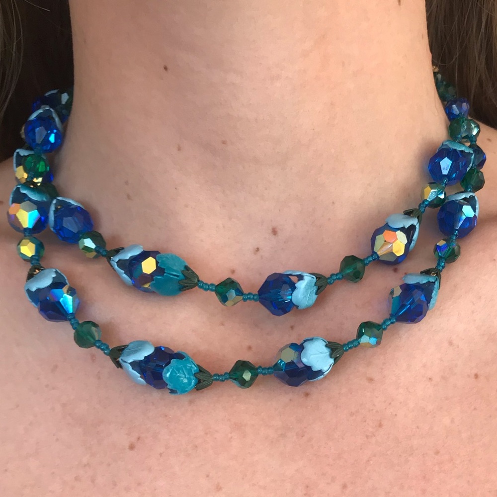 VTG BLUE ENAMEL AURORA BOREALIS CRYSTAL 2 STRAND - Picture 8 of 14